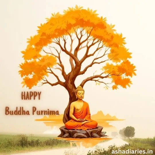Happy Buddha Purnima - Lord Buddha Under Bodhi Tree | Asha Diaries Lord Buddha Meditating Under the Bodhi Tree with Vibrant Orange Leaves, Symbolizing Peace and Enlightenment on Buddha Purnima.