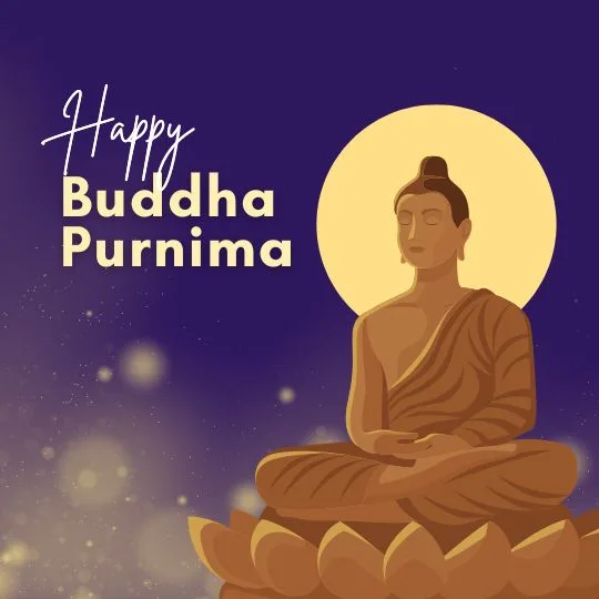 Happy Buddha Purnima Meditation Art - Lord Buddha on Lotus | Asha Diaries Illustration of Lord Buddha Meditating on a Lotus with Glowing Halo and Happy Buddha Purnima Greeting on Starry Background.