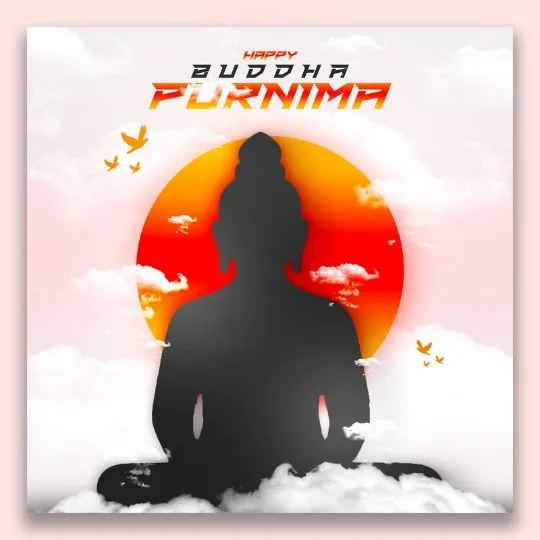 Happy Buddha Purnima Meditation Poster with Sunset and Clouds | Asha Diaries Silhouette of Lord Buddha Meditating with Sunset and Clouds Background for Buddha Purnima Celebration.