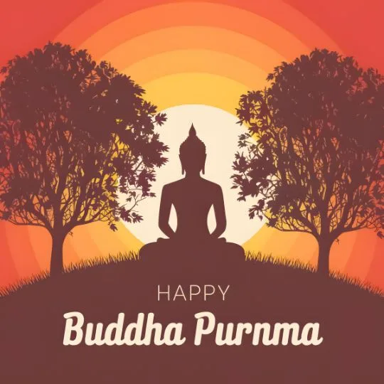 Happy Buddha Purnima Meditation Sunset Illustration | Asha Diaries Silhouette of Lord Buddha Meditating Between Trees at Sunset with Happy Buddha Purnima Greeting.