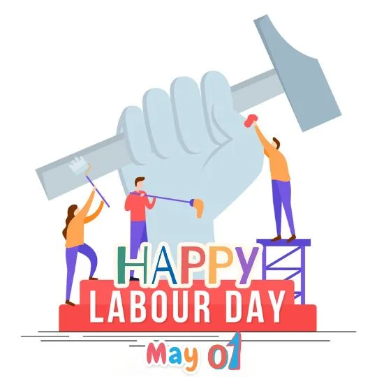 Happy Labour Day Illustration Celebrating Workers on May 1st | Asha Diaries Happy Labour Day Illustration with Workers Holding Tools and a Giant Hand Raising a Hammer, Celebrating May 1st.