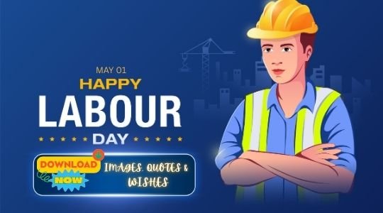 Happy Labour Day 2025 illustration with male construction worker wearing safety helmet and reflective vest, promoting image quotes and wishes download.
