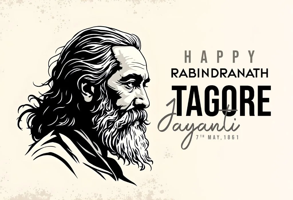 Happy Rabindranath Tagore Jayanti - 7th May 1861 Tribute | Asha Diaries Illustration of Rabindranath Tagore with Long Hair and Beard, Featuring Happy Tagore Jayanti Message and Birth Date 7th May 1861.