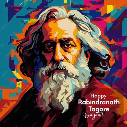 Happy Rabindranath Tagore Jayanti Artistic Tribute Image | Asha Diaries Colorful Illustration of Rabindranath Tagore with Festive Text Wishing Happy Rabindranath Tagore Jayanti, Honoring the Nobel Laureate Poet's birth anniversary.