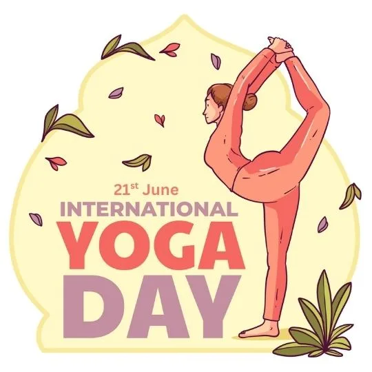 International Yoga Day 21st June - Woman Performing Yoga Pose Illustration | Asha Diaries Illustration of Woman Performing Yoga Pose with Text '21st June International Yoga Day' on a pastel background with leaves and petals.