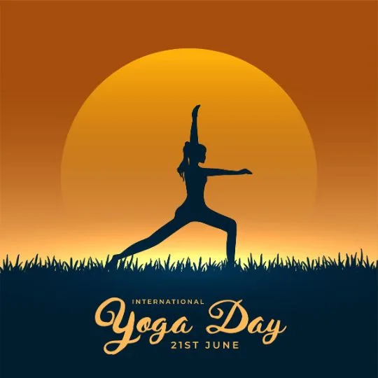 International Yoga Day 21st June - Woman Silhouette Yoga Pose at Sunrise | Asha Diaries Silhouette of a Woman Performing Yoga Pose During Sunrise with Text International Yoga Day 21st June, Symbolizing Peace, Health, and Wellness Celebration.