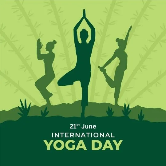 International Yoga Day 21st June - Yoga Poses Silhouette on Nature Background | Asha Diaries Silhouette of Three People Performing Yoga Poses with Text '21st June International Yoga Day' on a green background with bamboo design.
