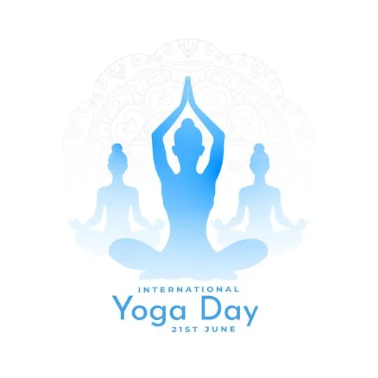 International Yoga Day 21st June - Blue Meditation Silhouette with Mandala Background | Asha Diaries International Yoga Day 21st June Blue Silhouette of Three People Meditating in Lotus Pose with Decorative Mandala Background.