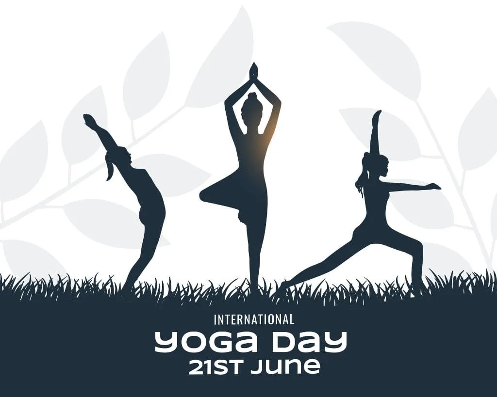 International Yoga Day 21st June - Yoga Poses Silhouette Celebration | Asha Diaries Silhouettes of Three People Performing Yoga Poses on Grass with Text International Yoga Day 21st June.