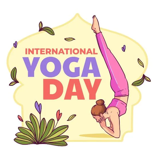 International Yoga Day Illustration - Woman in Headstand Pose with Nature Elements | Asha Diaries Illustration of Woman Performing Yoga Pose with Text "international Yoga Day" Celebrating Wellness and Mindfulness Through Yoga Practices.
