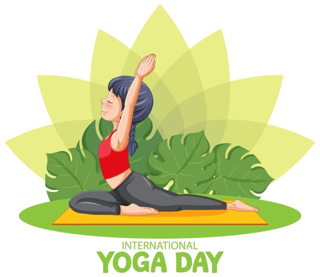 International Yoga Day Illustration - Woman Practicing Yoga Pose with Nature Background | Asha Diaries Cartoon Illustration of a Woman Practicing Yoga Pose on International Yoga Day with Green Leaves Background.