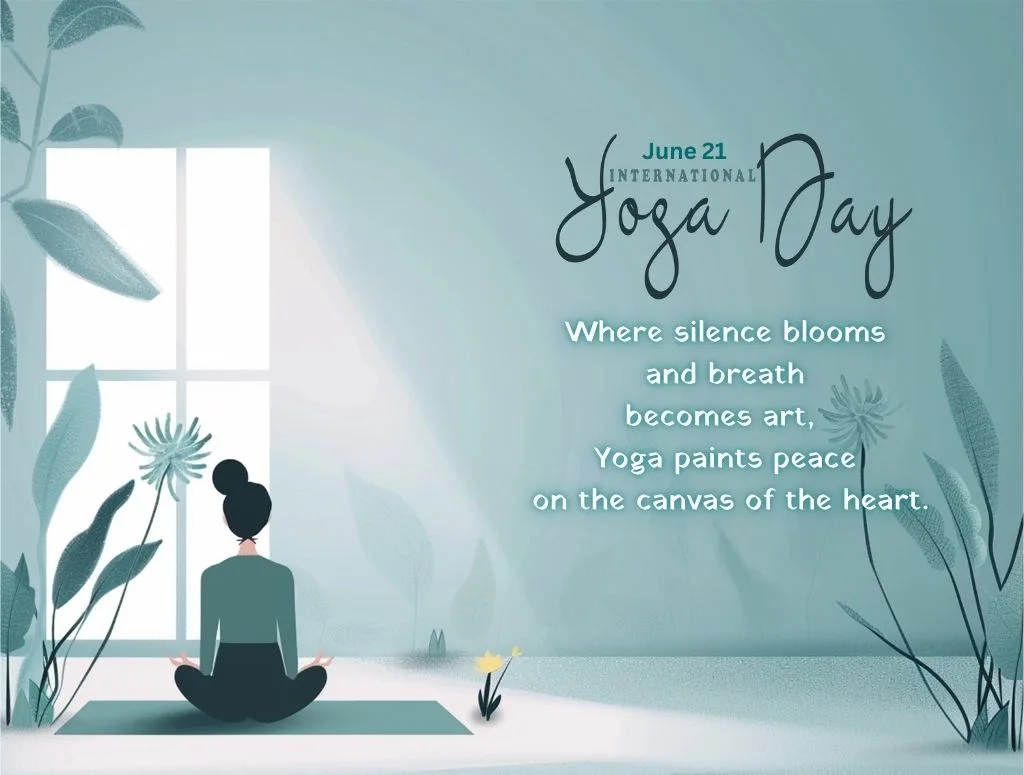 International Yoga Day Illustration with Meditative Pose and Peaceful Quote | Asha Diaries Illustration of Woman Meditating by Window with Yoga Day Quote – "where Silence Blooms and Breath Becomes Art, Yoga Paints Peace on the Canvas of the Heart" – for International Yoga Day.