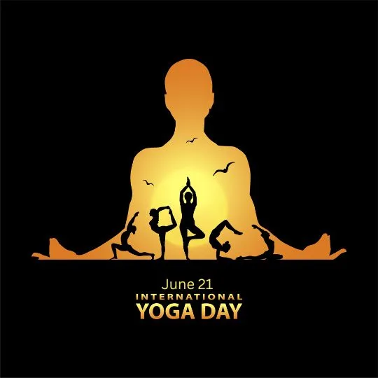 International Yoga Day Illustration with Yoga Poses and Meditating Silhouette - June 21 | Asha Diaries Silhouette of People Performing Yoga Poses with Meditating Figure and Sunrise Background for International Yoga Day on June 21.