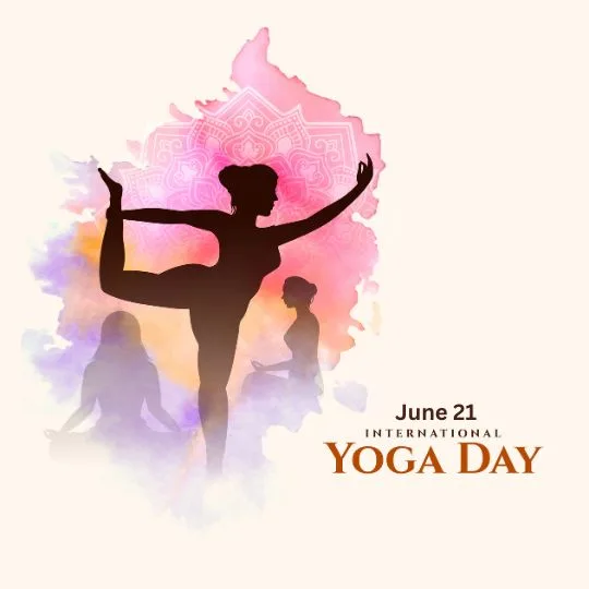 International Yoga Day June 21 - Colorful Yoga Silhouette Artwork | Asha Diaries Silhouettes of Women Performing Yoga Poses with Colorful Watercolor Background for International Yoga Day on June 21.