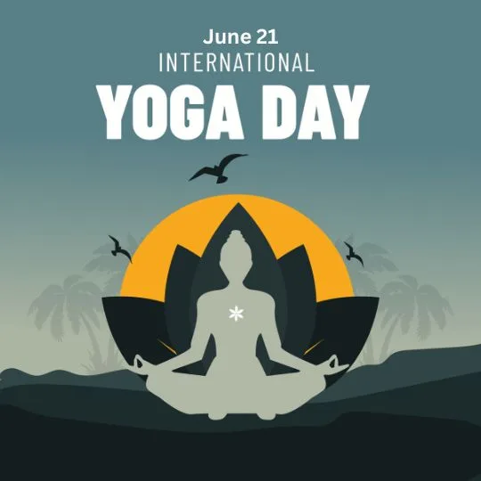 International Yoga Day June 21 - Meditating Silhouette with Sunrise and Nature Background | Asha Diaries Silhouette of Person Meditating in Lotus Pose with Rising Sun and Birds on International Yoga Day, June 21.