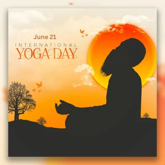 International Yoga Day June 21 - Meditating Yogi Silhouette at Sunrise for Wellness and Harmony | Asha Diaries Silhouette of a Meditating Yogi at Sunrise with International Yoga Day Text and Birds Flying in the Sky – June 21 Awareness Image.