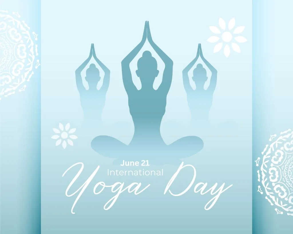 International Yoga Day June 21 - Peaceful Yoga Silhouettes with Mandala Design | Asha Diaries Silhouettes Performing Yoga in Lotus Pose with Hands Joined, Celebrating International Yoga Day on June 21 with Decorative Mandala Background.