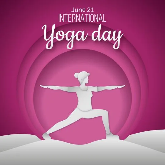 International Yoga Day June 21 - Woman in Warrior Pose Illustration for Wellness and Fitness | Asha Diaries International Yoga Day Illustration with Woman Performing Warrior Pose on Pink Background – June 21 Yoga Celebration.