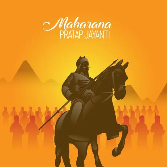 Maharana Pratap Jayanti Image Rajput Warrior on Horse with Spear Illustration | Asha Diaries Illustration of Maharana Pratap on Horseback with Spear, Celebrating Maharana Pratap Jayanti on a Vibrant Orange Background.