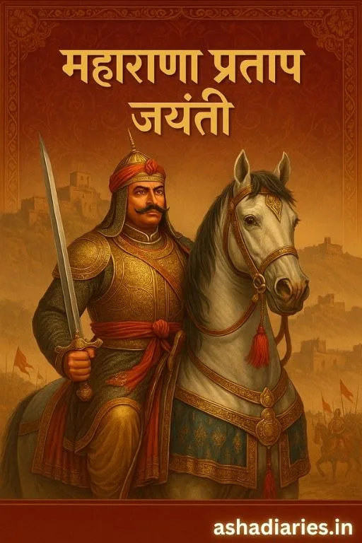 Maharana Pratap Jayanti Tribute - Rajput Warrior with Horse Illustration | Asha Diaries Maharana Pratap Jayanti 2025 – Brave Warrior Maharana Pratap with Sword and His Loyal Horse Chetak, Traditional Artwork Honoring Rajput Pride and Valor.