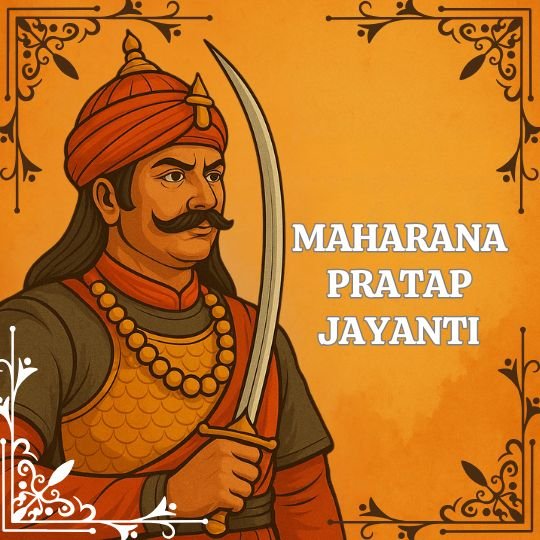 Illustration of Maharana Pratap holding a sword on orange background with traditional design, celebrating Maharana Pratap Jayanti.