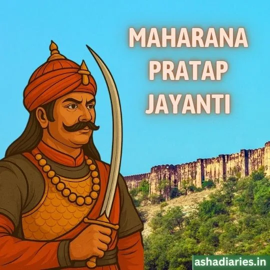 Maharana Pratap Jayanti Tribute Image Rajput Warrior with Historic Fort Background | Asha Diaries Illustration of Maharana Pratap Holding a Sword with Historic Fort in Background Celebrating Maharana Pratap Jayanti.