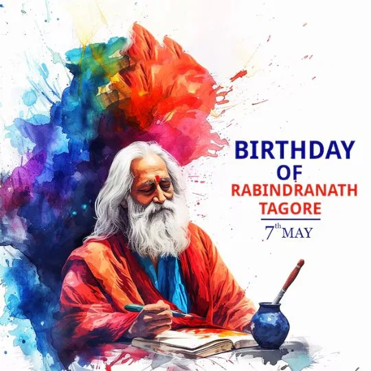 Rabindranath Tagore Jayanti 7th May Watercolor Art Tribute Image | Asha Diaries Rabindranath Tagore Jayanti Image with Watercolor Portrait of Tagore Writing, Celebrating His Birth Anniversary on 7th May