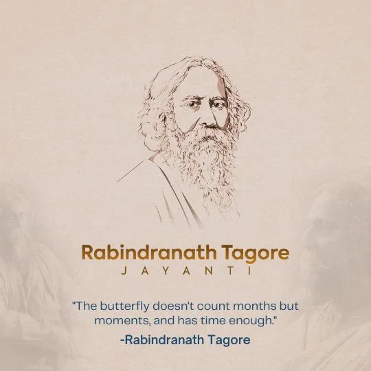 Rabindranath Tagore Jayanti - Inspirational Quote Image | Asha Diaries Rabindranath Tagore Jayanti Quote Image with Tagore Sketch and Inspirational Butterfly Quote on Time.