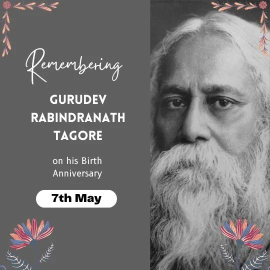 Rabindranath Tagore Jayanti Tribute - 7th May | Asha Diaries Remembering Gurudev Rabindranath Tagore on His Birth Anniversary, 7th May – Black and White Tribute Image with Floral Decorations.
