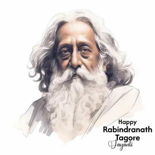 Rabindranath Tagore Jayanti Tribute Image - Celebrate the Nobel Laureate | Asha Diaries Portrait of Rabindranath Tagore with Greeting Text 'Happy Rabindranath Tagore Jayanti', honoring the legacy of the Nobel laureate poet and philosopher.
