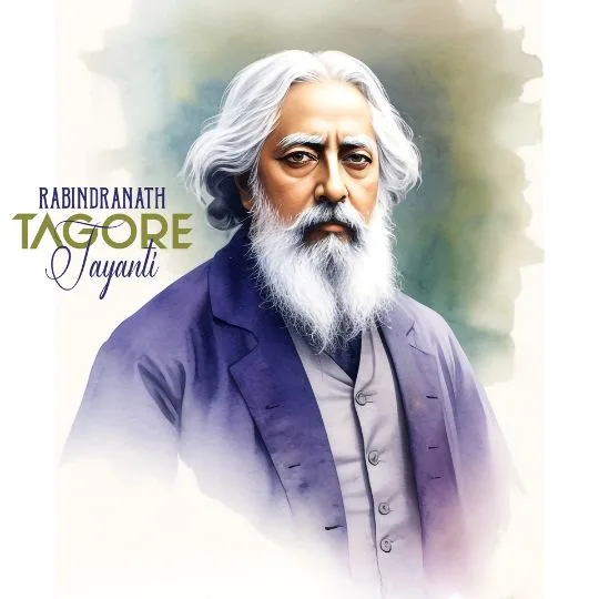 Rabindranath Tagore Jayanti Tribute Image | Asha Diaries Portrait of Rabindranath Tagore with Artistic Watercolor Background, Honoring Tagore Jayanti – a Tribute to the Nobel Laureate and Literary Icon of India.