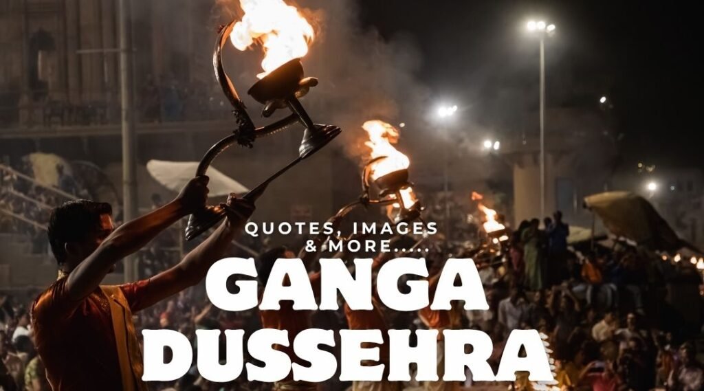 Devotees performing Ganga Aarti with flaming lamps on Ganga Dussehra at night with a spiritual crowd in the background.