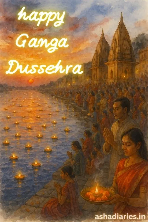 Ganga Dussehra Celebration at Ganga Ghats with Devotees and Floating Diyas - Spiritual Festival Illustration | Asha Diaries Devotees Offering Prayers and Floating Diyas on the Ganges River During Sunset on Ganga Dussehra at Traditional Indian Ghats – Happy Ganga Dussehra Illustration.