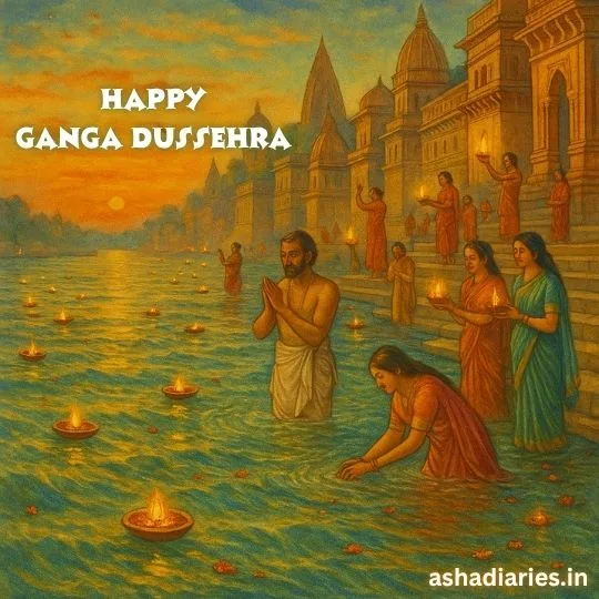 Ganga Dussehra Celebration at Varanasi Ghats with Floating Diyas | Asha Diaries Devotees Celebrating Ganga Dussehra on the Ghats of the Ganges River at Sunset, Floating Clay Diyas on the Water.
