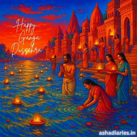 Ganga Dussehra Festival Evening Aarti on Sacred River Ghats | Asha Diaries Devotees Performing Evening Aarti with Floating Diyas on the Ganga River at Sunset During Ganga Dussehra Festival with Ancient Temples and Vibrant Sky in Background.