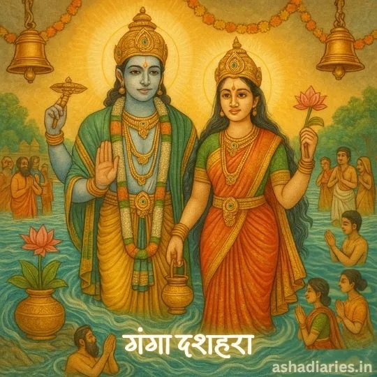 Ganga Dussehra Festival Illustration Goddess Ganga and Lord Vishnu Blessing Devotees | Asha Diaries Lord Vishnu and Goddess Ganga Standing in Sacred River with Devotees on Ganga Dussehra Celebration – Spiritual Hindu Festival Illustration.
