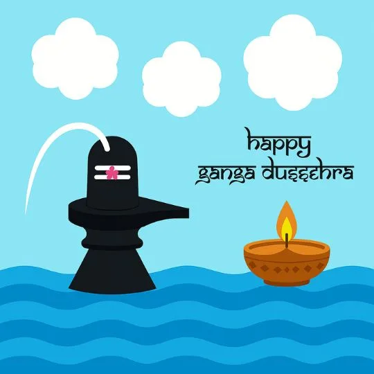 Happy Ganga Dussehra Festival Illustration with Shiva Lingam and Diya | Asha Diaries Illustration of a Shiva Lingam with Flowing Water and a Lit Diya on the River, Celebrating the Festival of Ganga Dussehra with Text 'Happy Ganga Dussehra' on a blue background.