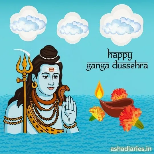 Happy Ganga Dussehra Illustration : Lord Shiva with Floating Diya and Marigold Flowers | Asha Diaries Illustration of Lord Shiva with Flowing Ganga River, a Lit Diya and Marigold Flowers Floating on Water, and “happy Ganga Dussehra” Text.