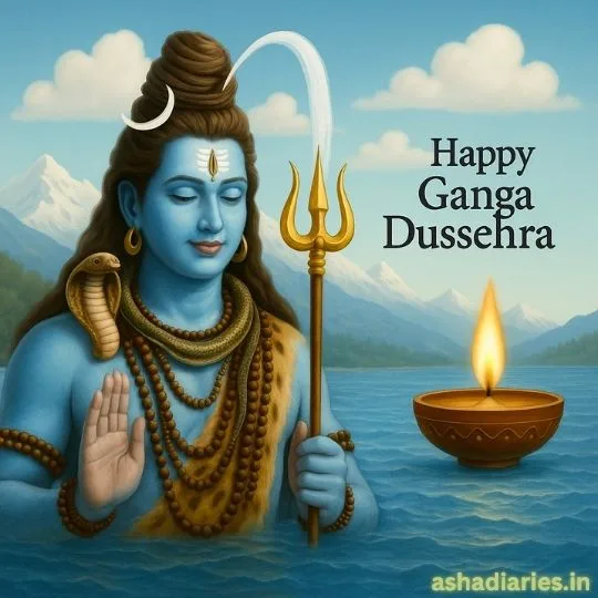 Lord Shiva with Flowing Ganga and Diya - Ganga Dussehra Celebration Image | Asha Diaries Lord Shiva with Flowing Ganga from His Hair, Holding a Trident, and Diya Floating on River for Ganga Dussehra Celebration with Himalayas in Background.