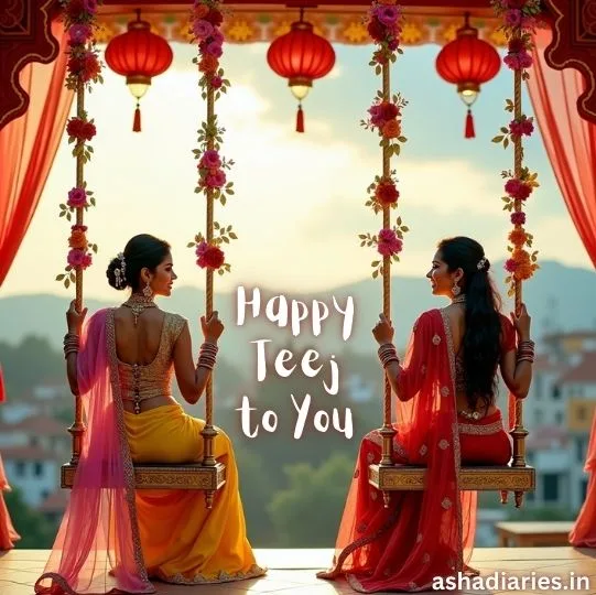 Two Indian women in traditional attire enjoying swings decorated with flowers and lanterns during Hariyali Teej celebration, with ‘Happy Teej to You’ text.