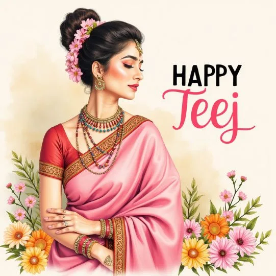 Beautiful Indian woman in pink saree celebrating Hariyali Teej with floral background and festive jewelry – Happy Teej greeting card illustration