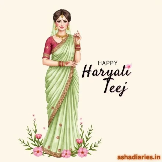 Illustration of a woman in green saree celebrating Hariyali Teej with floral decorations – Happy Hariyali Teej wishes from ashadiaries.in
