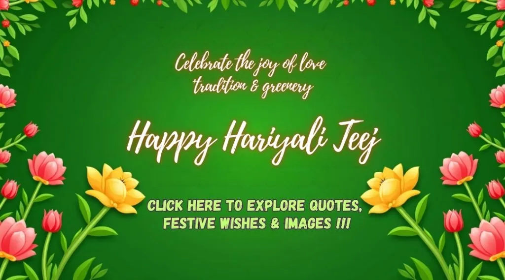 Hariyali Teej banner with floral border, festive greetings, and message celebrating love, tradition, and greenery