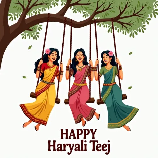 Three Indian women in colorful sarees joyfully swinging on a tree swing celebrating Hariyali Teej festival.