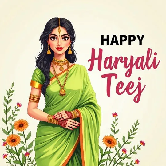 Beautiful Indian woman in green saree celebrating Hariyali Teej with floral background and festive jewelry.