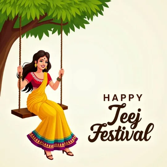 Illustration of a woman in yellow saree enjoying swing under tree for Hariyali Teej celebration with text 'Happy Teej Festival'