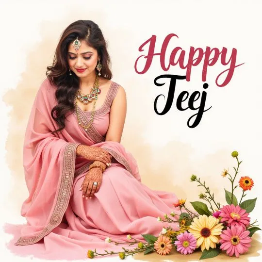 Beautiful Indian woman in pink saree celebrating Teej festival with floral decoration and 'Happy Teej' text