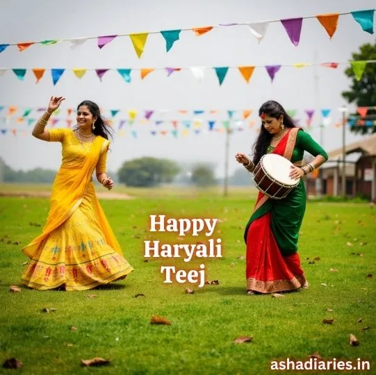 Women celebrating Hariyali Teej with traditional dance and dhol in colorful attire on a green field with festive flags.