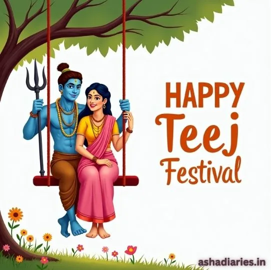 Lord Shiva and Goddess Parvati sitting on a swing under a tree celebrating Teej festival with Happy Teej Festival text – ashadiaries.in