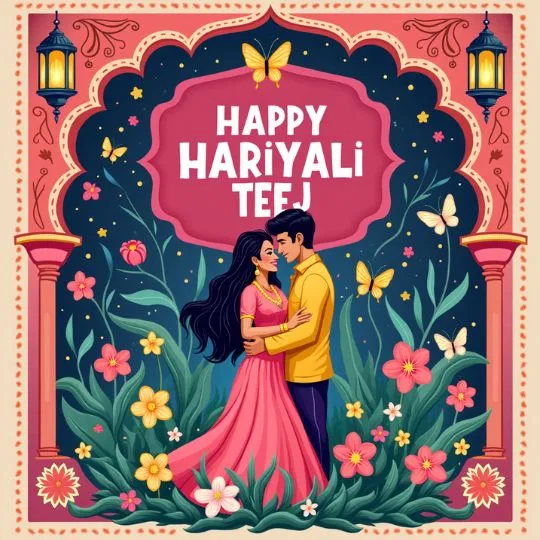 Illustration of a romantic Indian couple celebrating Hariyali Teej with flowers, butterflies, and traditional decorations